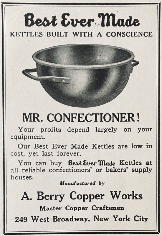 1926 AD(XH33)~A. BERRY COPPER WORKS, NYC. BAKERS CONFECTIONER’S KETTLES