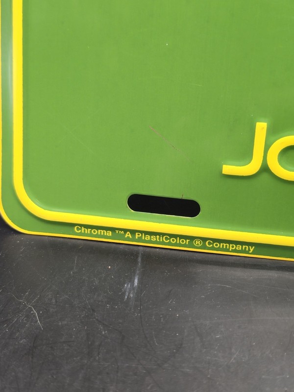 Original John Deere License Plate Sign Green Yellow White Back Metal USA Vintage gallery