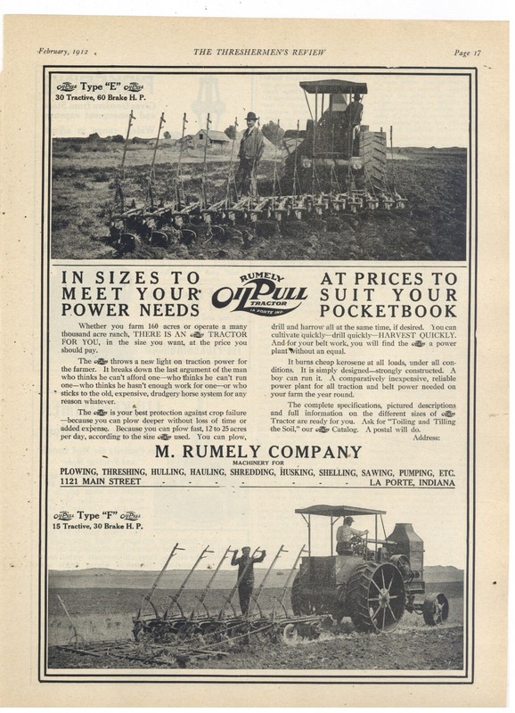1912 M. Rumely Co. Ad: Oil Pull Tractors – Type F & Type E Pictured – La Porte