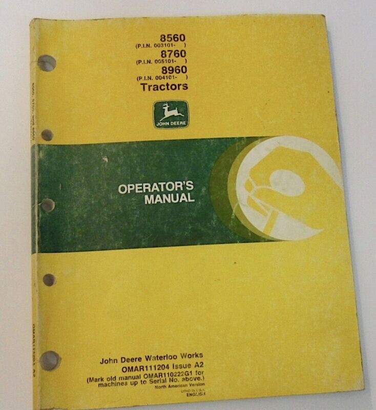 Vintage John Deere Operators Tractors Manual 8560 8760 8960