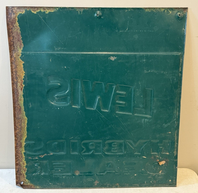 ANTIQUE LEWIS HYBRID DEALER FEED & SEED FAME SIGN EMBOSSED METAL 26" x 24" (DT gallery