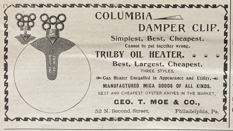 1895 AD.(XH12)~GEO. T. MOE CO. PHIL., PA. COLUMBIA STOVE DAMPER CLIP
