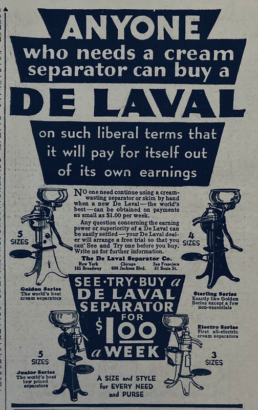1934 AD.(XH50)~DE LAVAL SEPARATOR CO. CHICAGO. WORLD’S BEST CREAM SEPARATORS