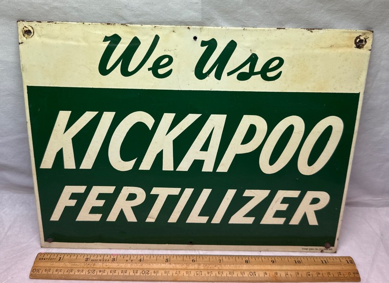 Vtg Advertising Tin Sign Kickapoo Fertilizer Farm Ag Stevens Point Hillsboro WI