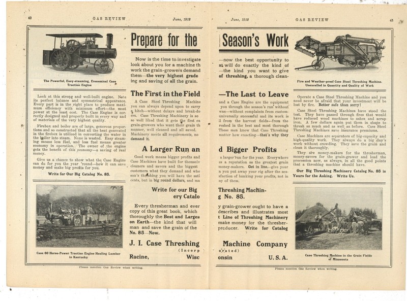 1912 J.I. Case 2 Sep. Pg. Ad: Traction Engine on Lumber Job in KY; Threshers