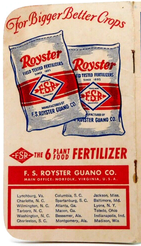 Royster 6 Plant Food Free Flowing Fertilizer FSR Guano Co Notebook 1953 1954 gallery