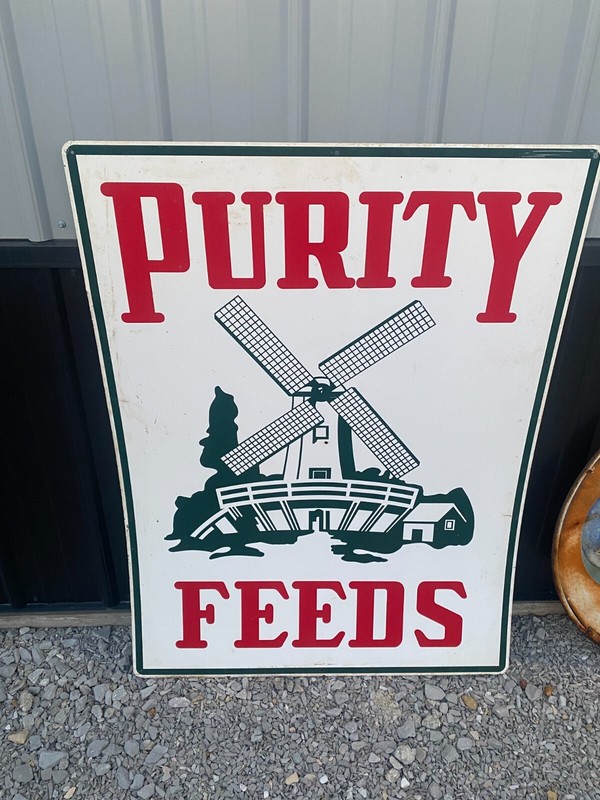 Vintage Purity Feeds Metal Sign 36″ x 48″ Green Back 1971 Windmill