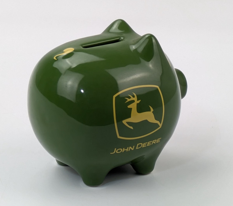 John Deere Ceramic Piggy Bank Stoneware Smiling Pig Green Yellow Authentic Logo gallery
