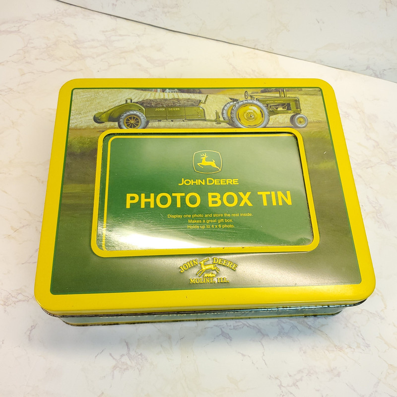 John Deere Photo Box Tin | Green Tractor Yellow Edges Aged | Gift Farm Cottage