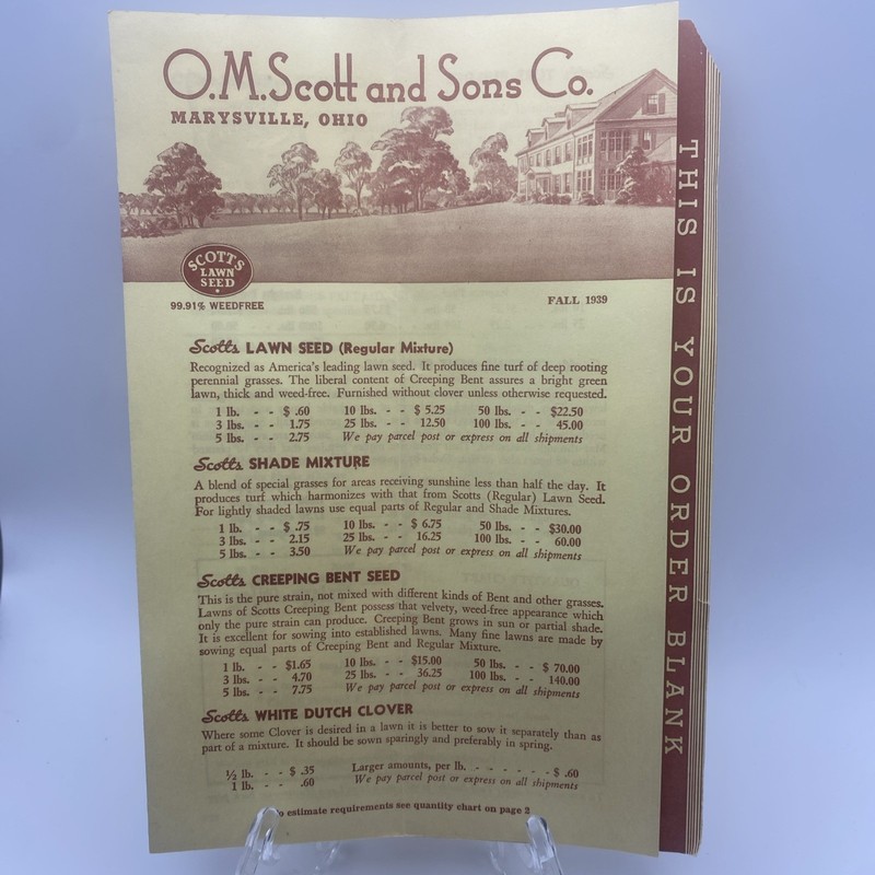1939 O. M. Scott & Sons Lawn Care Fertilizer Order Form Booklet DIY Vintage F44