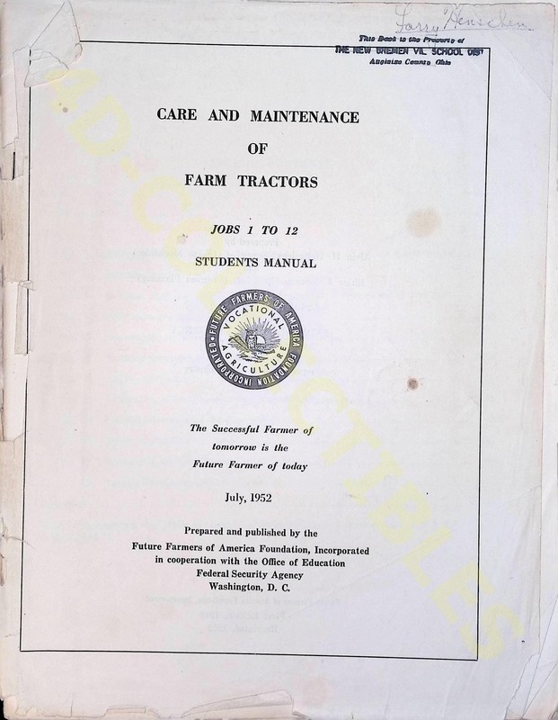1952 Care and Maintenance of Farm Tractors Student Manual Agriculture Guide