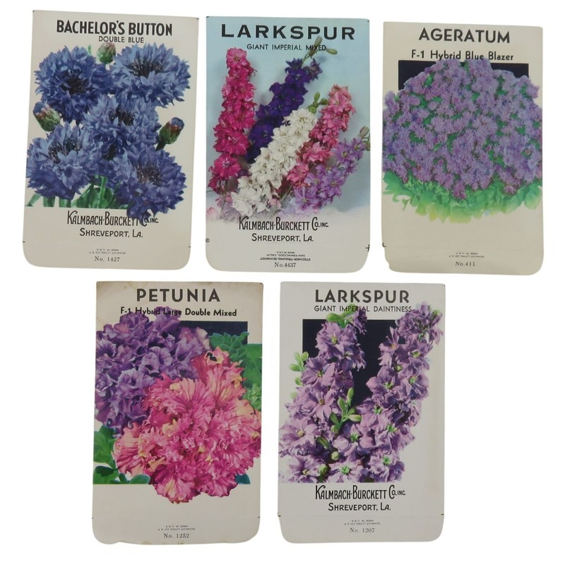 VTG Set of 5 Flower Seed Packets EMPTY Purple Pink Blue Botanical Garden Decor