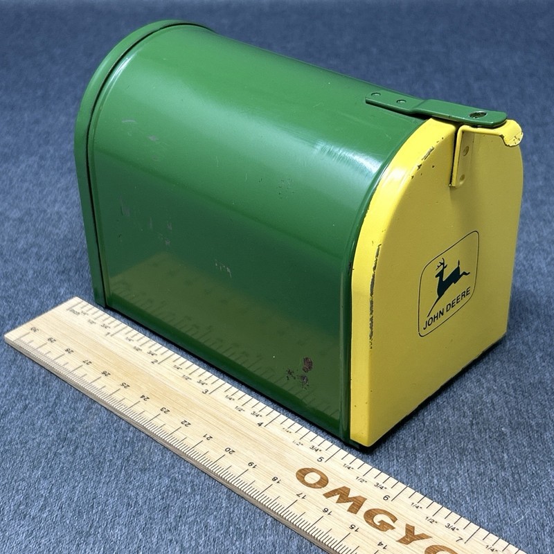 Vintage John Deere Green & Yellow Metal Mailbox Toy Bank ERTL Co Made in USA gallery