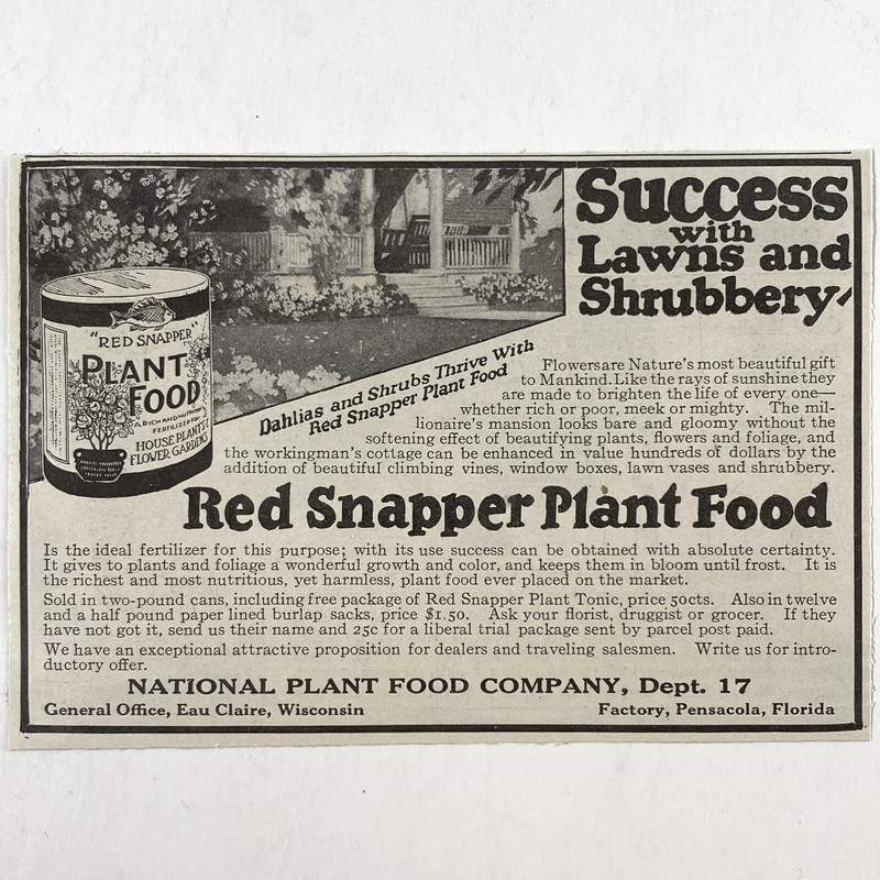 1918 Red Snapper Plant Food Antique Print Ad Old Lawn Flower Garden Fertilizer