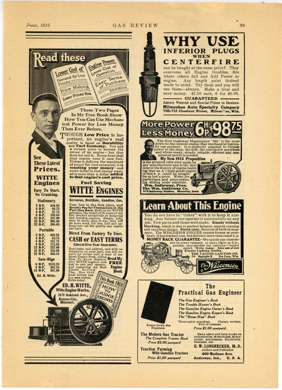 1915 Witte, Galloway, and Lauson Lawton Wisconsin Engines 3 Ads on 1 Page