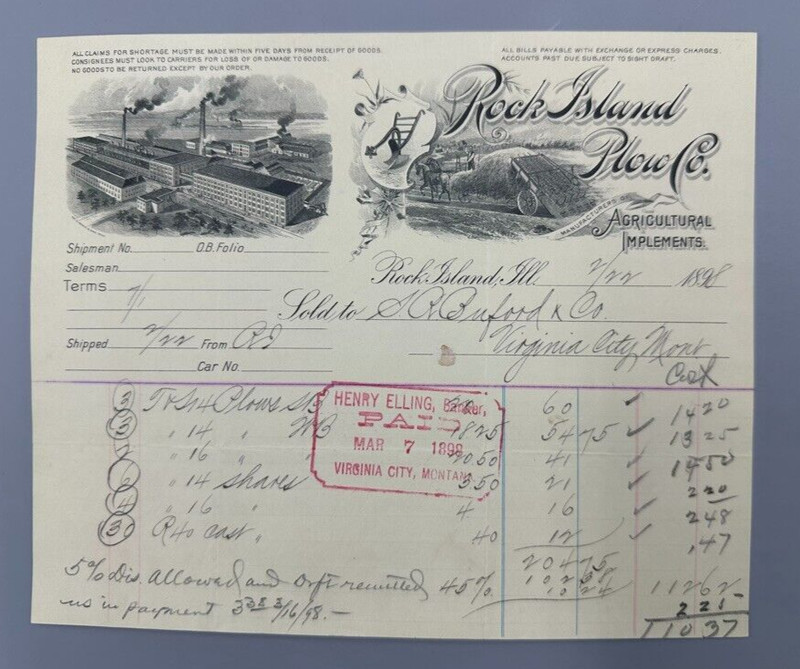 1898 ROCK ISLAND PLOW Billhead FARM Advertising Illinois