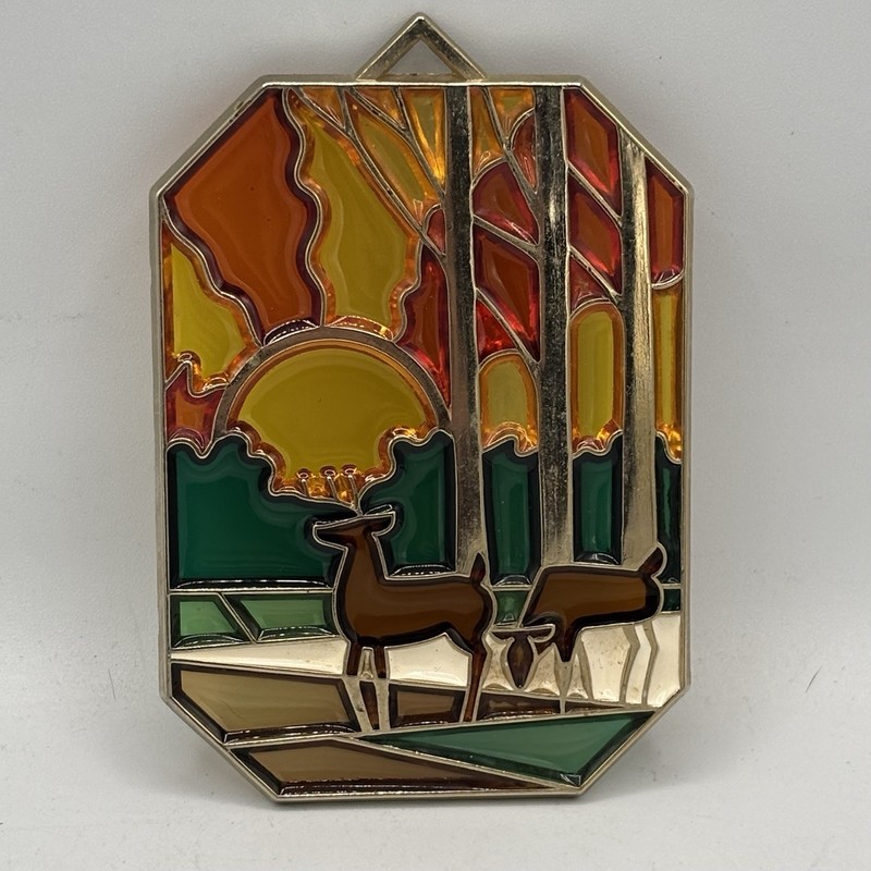 VTG 1989 John Deere Sun Catcher / Ornament Stained Glass Sun Sunset Forest Deer