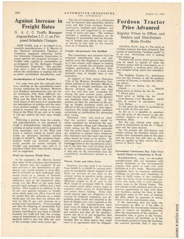 1918 Fordson Tractor Article – Prices at the Hudkins Tractor Co. of Salina, KS