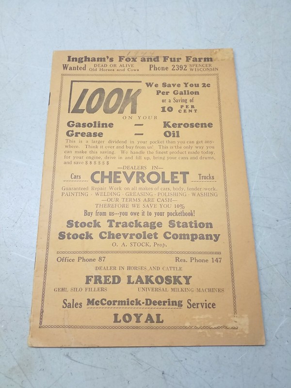 Vintage 1944 Advertising Local Farmers Account Book Ledger Spencer Loyal Wisc