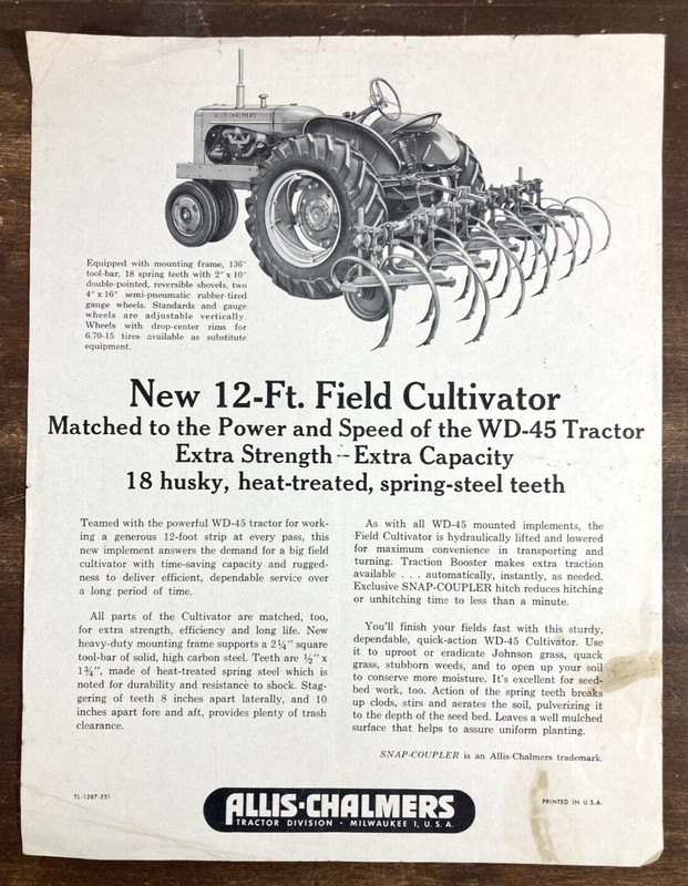 Allis-Chalmers 12 Foot Field Cultivator 1955 Dealer Sales Sheet Brochure Tractor
