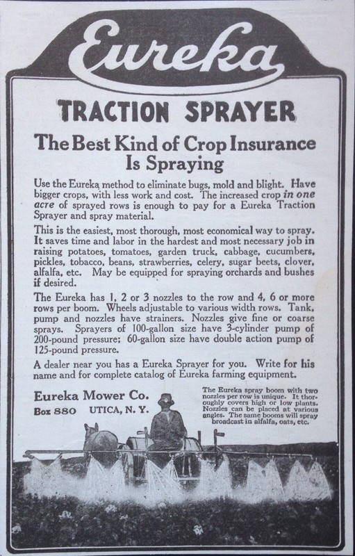 1922 AD(XE21)~EUREKA MOWER CO. UTICA, NY. EUREKA TRACTION SPRAYER