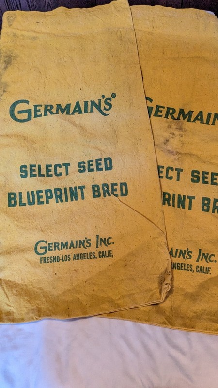 2 Vintage Gold Burlap Seeds Feed Sacks Bag Germain’s Los Angeles Fresno 2 Sided