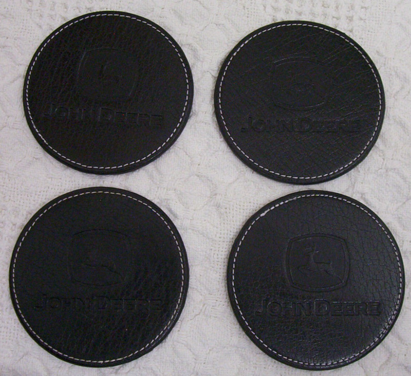 JOHN DEERE black leather COASTER set + caddy holder running deer logo gallery