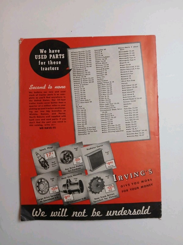 1940 Irving’s Tractor Replacement New And Used Parts Sales Catalog Book gallery