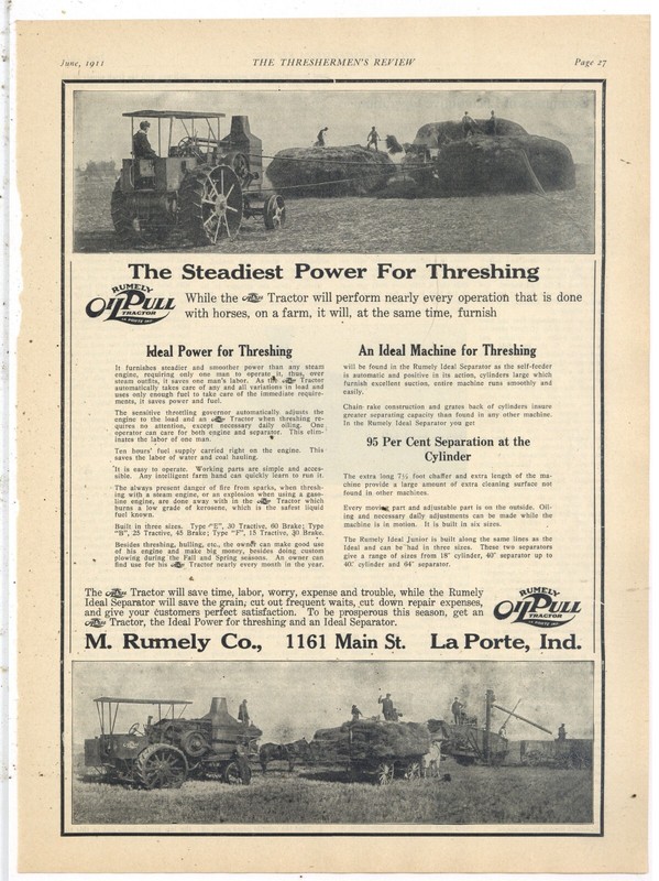 1911 M. Rumely Co. Ad: Oil Pull Tractor – Steadiest for Threshing – La Porte, IN