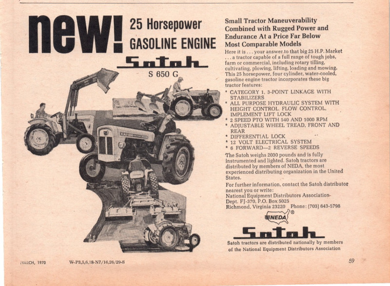 1971 Satoh S 650 G Farm Tractor 70’s Vintage Print Ad