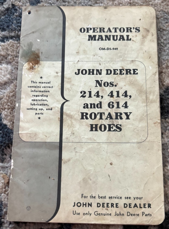 John Deere No. 214 414 614 Rotary Hoes Operator’s Manual FCCA25