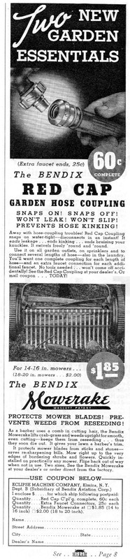 1937 Print Ad of Eclipse Machine Co Bendix Red Cap Garden Hose & Lawn Mowerake