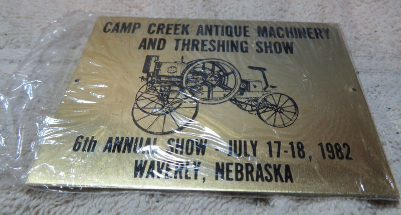 Vintage Brass Plate 1982 CAMP CREEK ANTIQUE MACHINERY & THRESHING SHOW. NEBRASKA