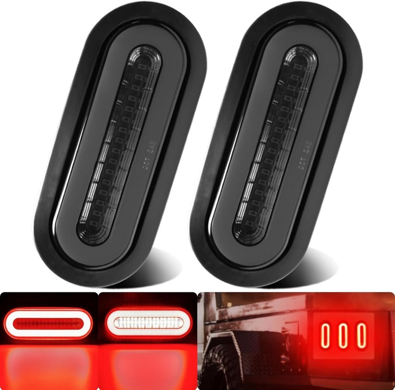 2Pcs 6" inch Smoked Lens Oval Red 52 LEDs Trailer Boat Halo Brake Stop Running