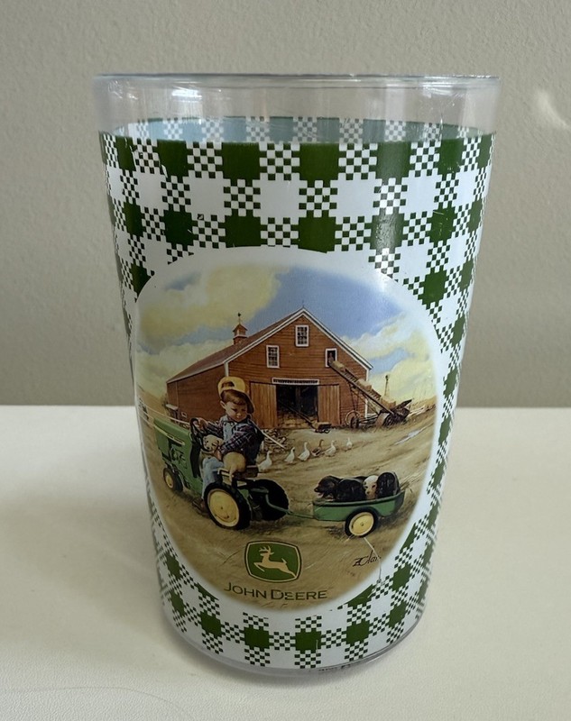 green gingham check John Deere child Drinking cup little farmer Zolan Fine Arts