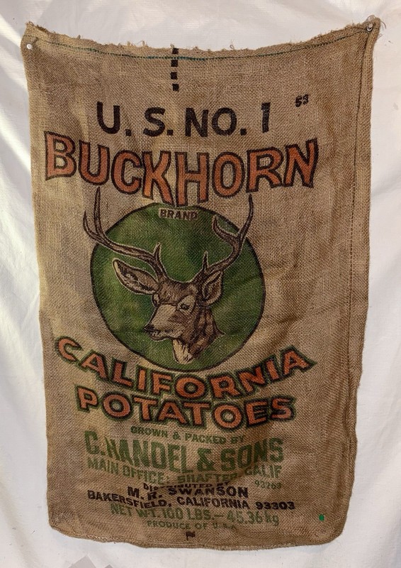 VINTAGE CALIFORNIA BUCKHORN POTATOES 100 LB BURLAP SACK - 24"x36"