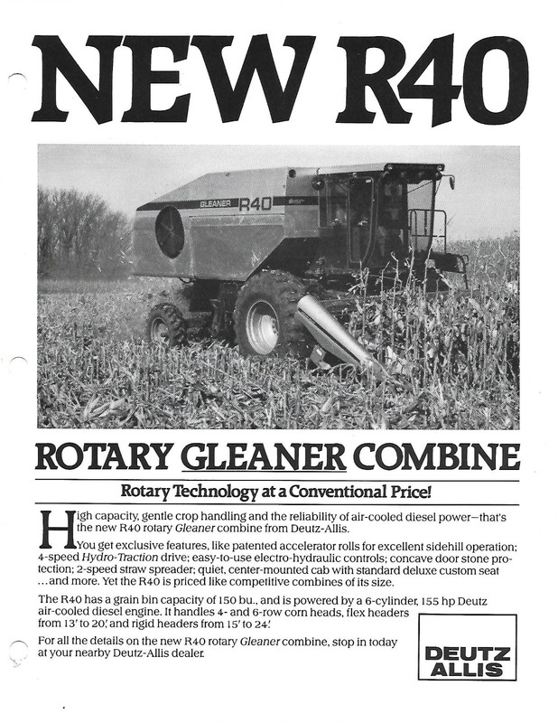 Farm Combine Brochure – Deutz Allis – R40 Rotary Gleaner – c1988 (F9431)
