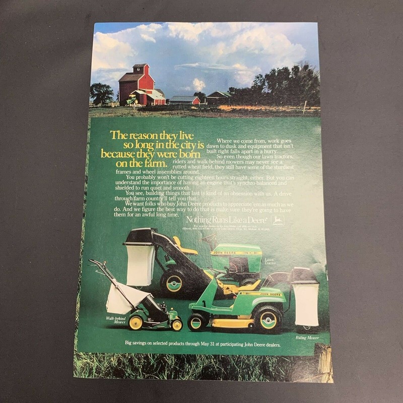 1982 John Deere Riding Lawn Mover Print Ad Nothing Runs Like A Deer Vintage