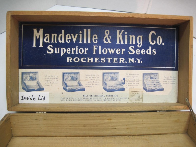 Antiq Mandeville & King Co- wood flower seed display box-15 X7 3/4 X4 1/2 -VGC