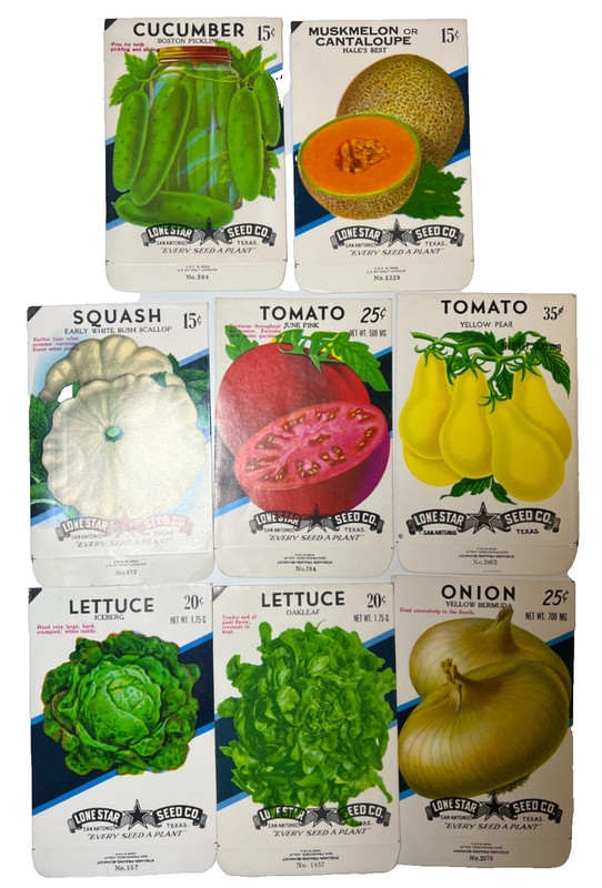 Set of 8 Antique Vintage Lone Star Seed Co. Packets San Antonio Texas TX 1960s