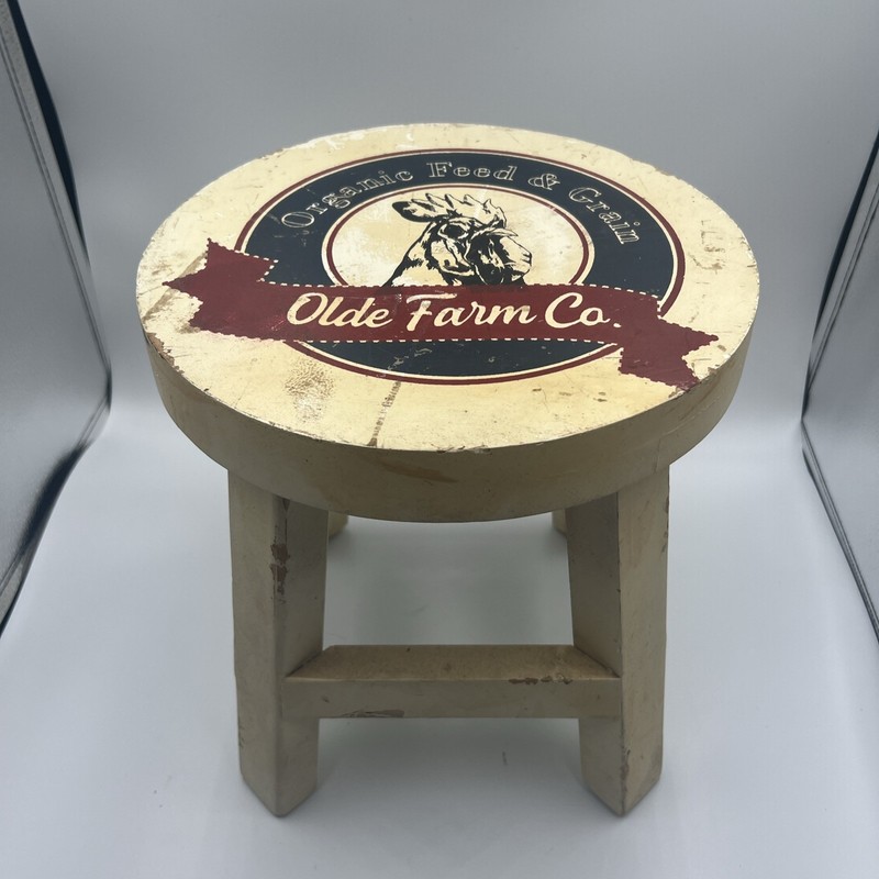 Vintage Olde Farm Co Wooden Milking Stool Rooster Organic Feed And Grain Rustic