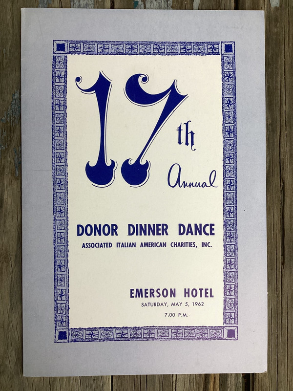 1962 17th Annual Donor Dinner Dance Assoc. Italian Charities Emerson Hotel NJ