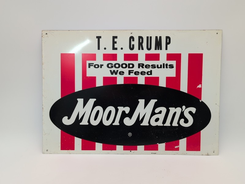 Vintage MoorMan’s Metal Feed Sign Name T. E. Crump 20×14