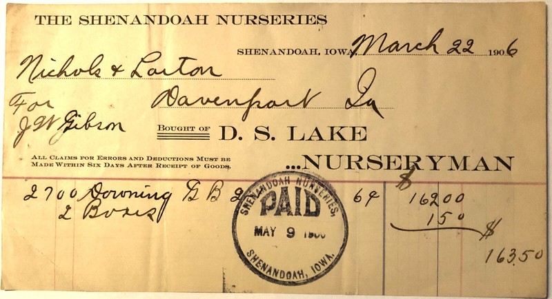 1906 Vintage Invoice Shenandoah Nurseries Shenandoah Ia. Bought of D. S. Lake