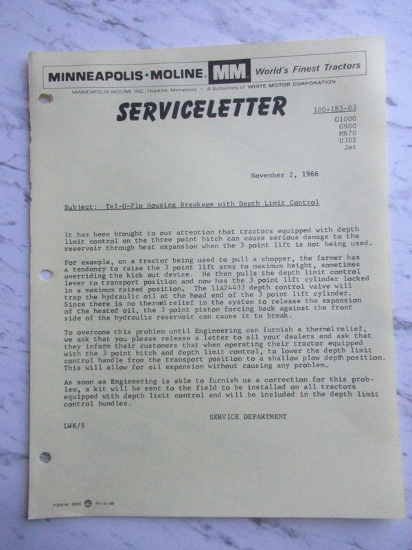 Minneapolis Moline G1000 G900 U302 Jet Tractor Tel-O-Flo Service Letter Brochure