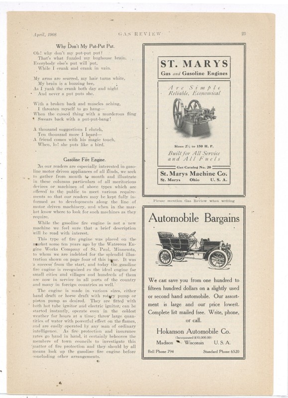 1908 St. Marys Machine Co. Ad: Gas & Gasoline Engines – St. Marys, OhiO