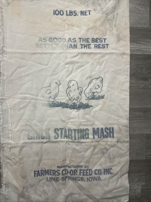 Vintage CHICK STARTING MASH Farmers CO-OP LIME SPRINGS Iowa Cloth Sack Feed Bag