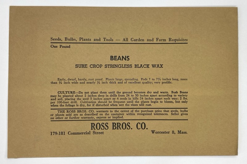 Vtg Ross Bros. Co STRINGLESS BLACK WAX BEANS Empty Seed Packet Envelope Unused