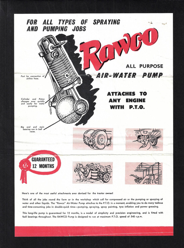 RAWCO AIR-WATER PUMP BROCHURE BISHOP’S IMPLEMENTS & CUSTOMER LETTER 9/07/1958