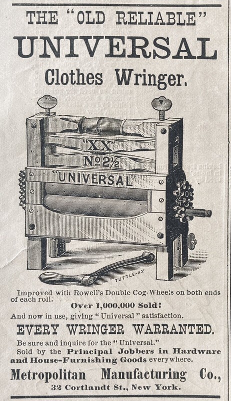 1880 AD.(XH64)~METROPOLITAN MFG. CO. NYC. “XX” UNIVERSAL CLOTHES WRINGER